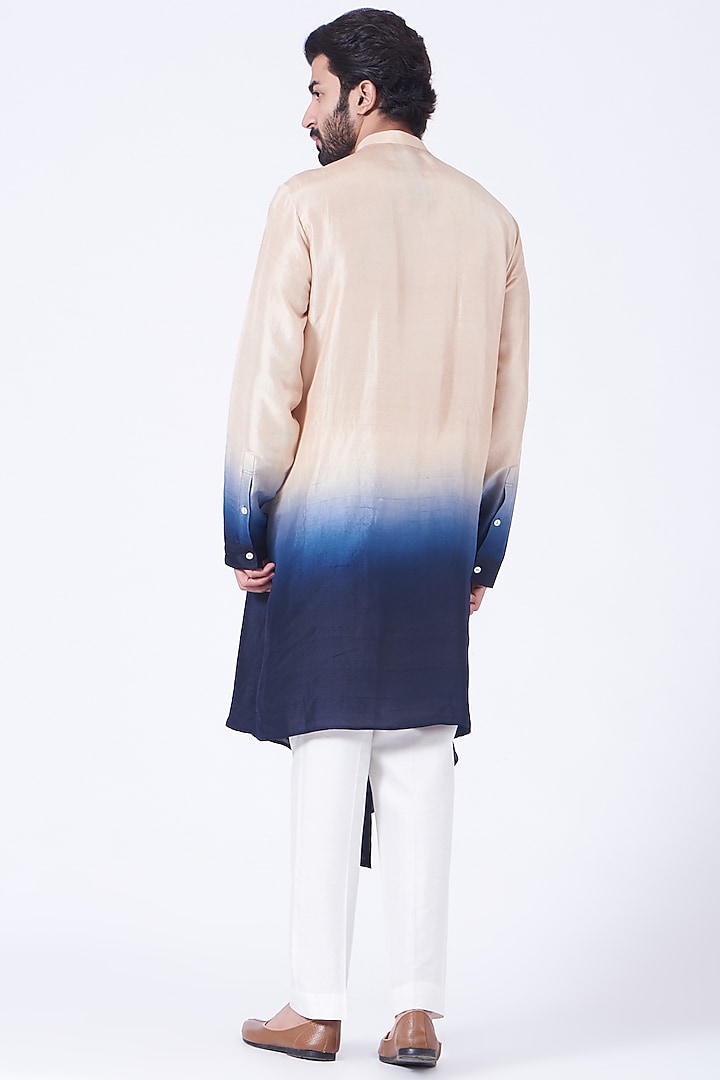 Beige & Navy Blue Ombre Asymmetrical Kurta Set by Rohit Gandhi & Rahul Khanna Men at Pernia's Pop Up Shop