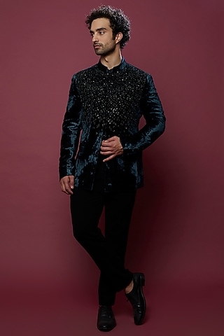 Blue Embroidered Bandhgala Set by Rohit Gandhi & Rahul Khanna Men