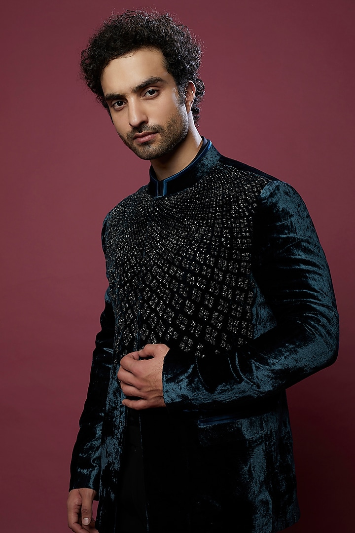 Blue Embroidered Groom Bandhgala Set by Rohit Gandhi & Rahul Khanna Men at Pernia's Pop Up Shop