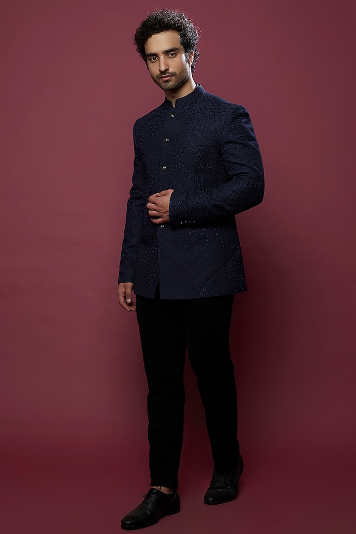 Dark Blue Embroidered Groom Bandhgala Set by Rohit Gandhi & Rahul Khanna Men at Pernia's Pop Up Shop