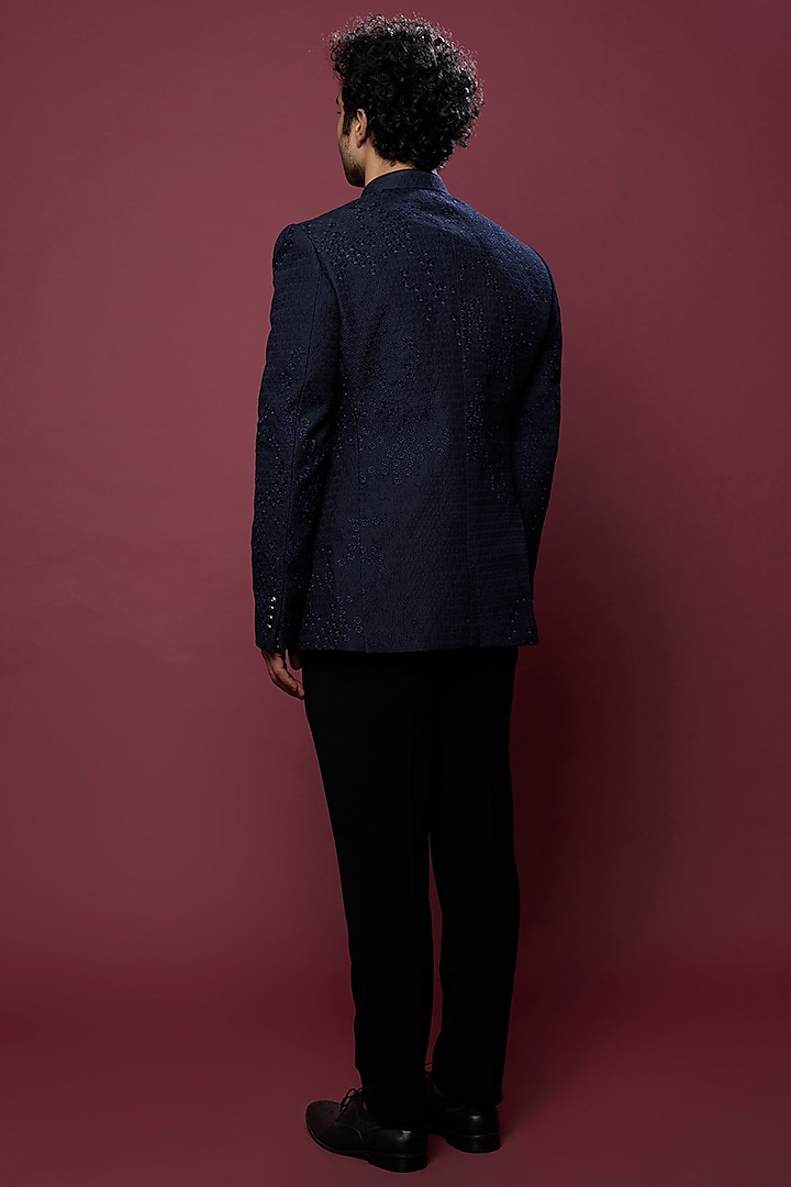 Dark Blue Embroidered Groom Bandhgala Set by Rohit Gandhi & Rahul Khanna Men at Pernia's Pop Up Shop