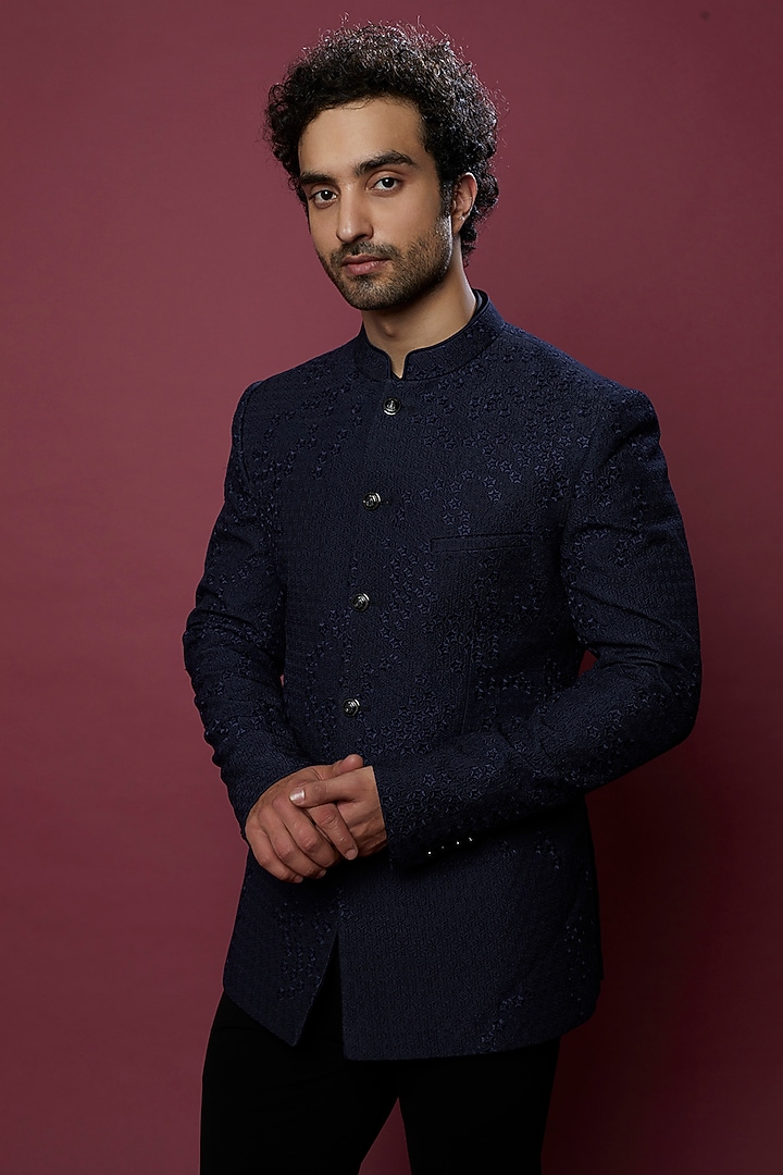 Dark Blue Embroidered Groom Bandhgala Set by Rohit Gandhi & Rahul Khanna Men at Pernia's Pop Up Shop