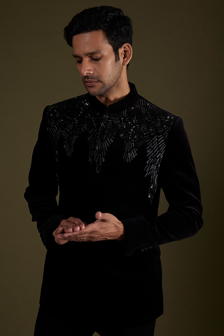 Black Embroidered Groom Bandhgala Jacket by Rohit Gandhi & Rahul Khanna Men at Pernia's Pop Up Shop