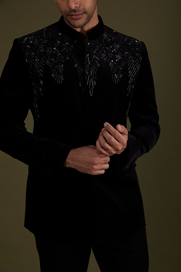 Black Embroidered Groom Bandhgala Jacket by Rohit Gandhi & Rahul Khanna Men at Pernia's Pop Up Shop