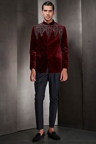 Maroon Embroidered Bandhgala by Rohit Gandhi & Rahul Khanna Men