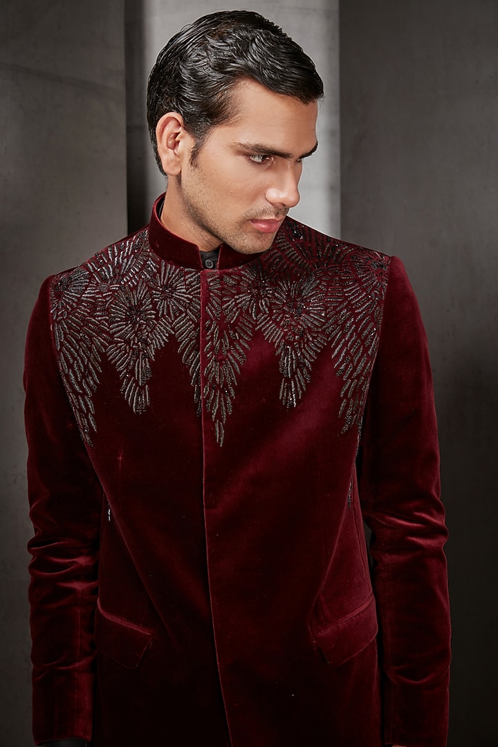 Maroon Embroidered Groom Bandhgala by Rohit Gandhi & Rahul Khanna Men at Pernia's Pop Up Shop