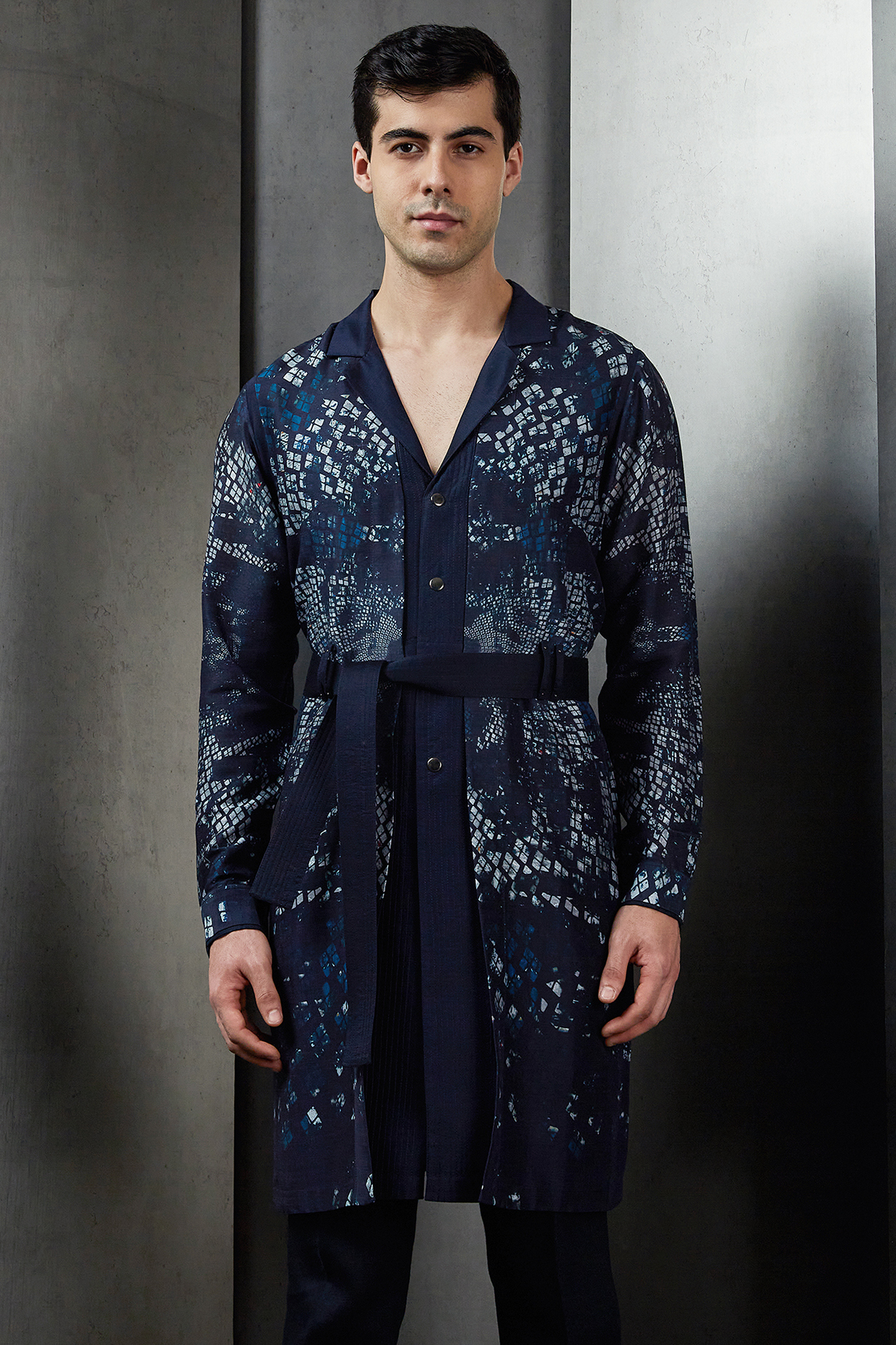 Dark Blue Gusted Cotton Digital Printed Kurta  by Rohit Gandhi & Rahul Khanna Men at Pernia's Pop Up Shop