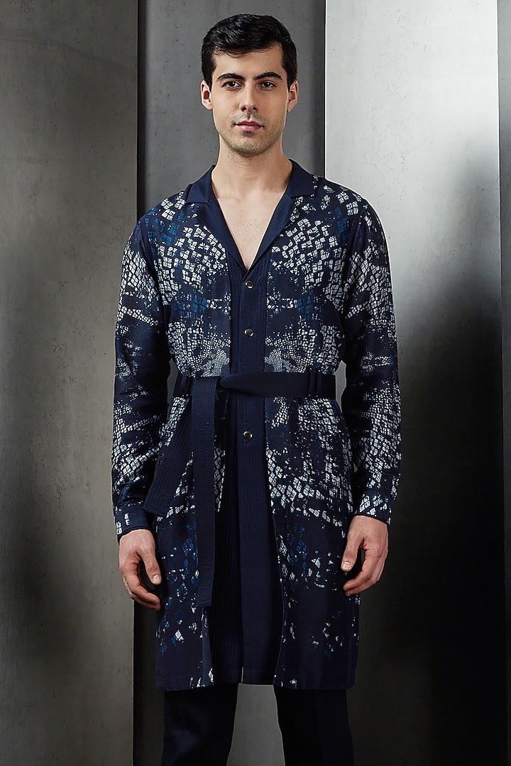 Dark Blue Gusted Cotton Digital Printed Kurta  by Rohit Gandhi & Rahul Khanna Men at Pernia's Pop Up Shop