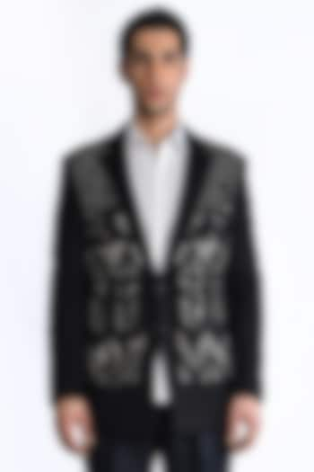 Black Felt Crepe Crystal Embroidered Layered Jacket by Rohit Gandhi & Rahul Khanna Men at Pernia's Pop Up Shop