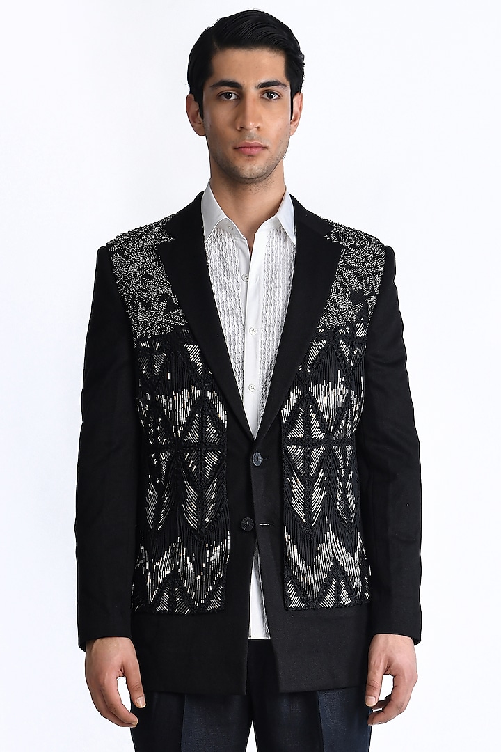 Black Felt Crepe Crystal Embroidered Layered Jacket by Rohit Gandhi & Rahul Khanna Men at Pernia's Pop Up Shop