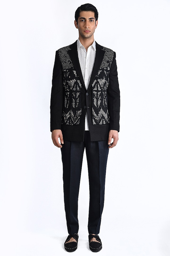 Black Felt Crepe Crystal Embroidered Layered Jacket by Rohit Gandhi & Rahul Khanna Men at Pernia's Pop Up Shop