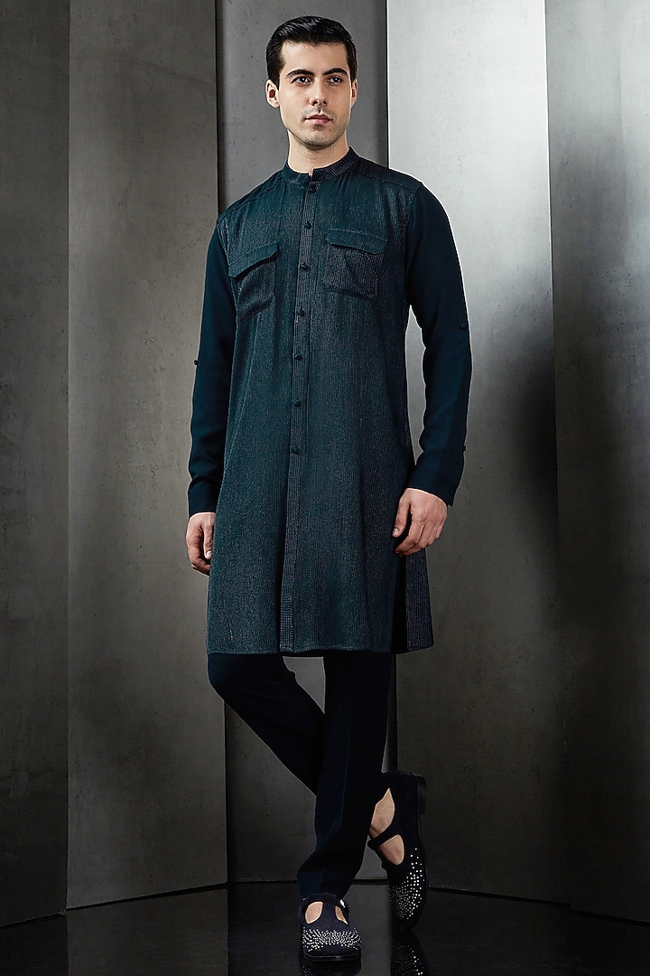 Imperial Teal Georgette Zari Embroidered Kurta by Rohit Gandhi & Rahul Khanna Men at Pernia's Pop Up Shop