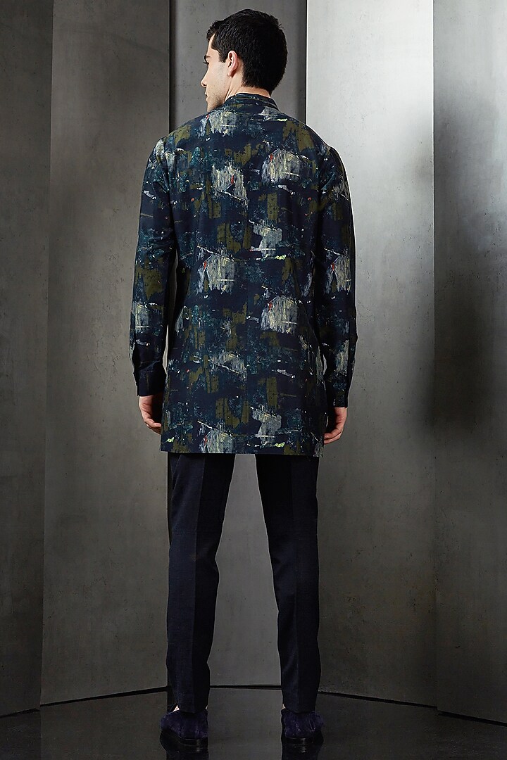 Navy & Olive Crepe Tropical Printed Kurta by Rohit Gandhi & Rahul Khanna Men at Pernia's Pop Up Shop