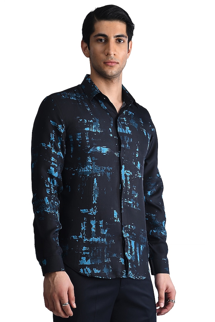 Navy Blue Silk Printed Wedding Shirt by Rohit Gandhi & Rahul Khanna Men at Pernia's Pop Up Shop
