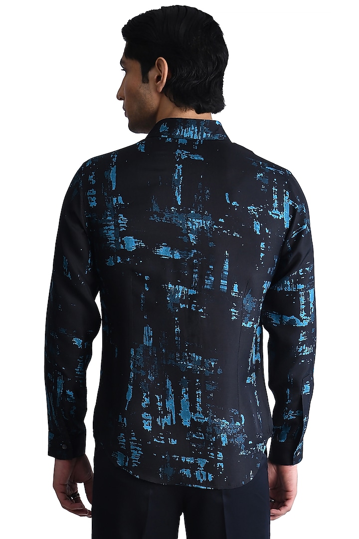Navy Blue Silk Printed Wedding Shirt by Rohit Gandhi & Rahul Khanna Men at Pernia's Pop Up Shop