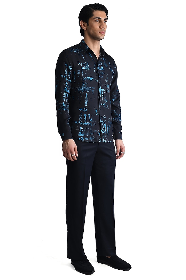 Navy Blue Silk Printed Wedding Shirt by Rohit Gandhi & Rahul Khanna Men at Pernia's Pop Up Shop