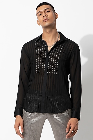 Black Georgette Hand Embroidered Shirt by Rohit Gandhi & Rahul Khanna Men