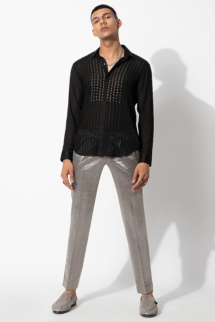 Black Georgette Hand Embroidered Wedding Shirt by Rohit Gandhi & Rahul Khanna Men at Pernia's Pop Up Shop