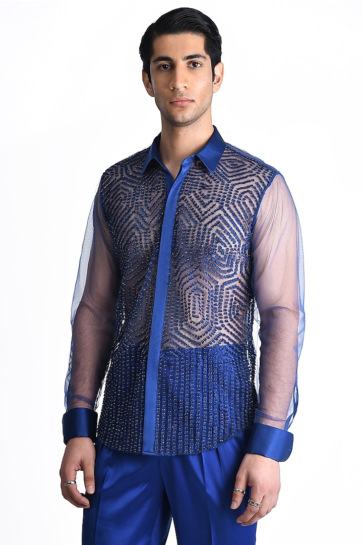Electric Blue Tulle Hand Embroidered Wedding Shirt by Rohit Gandhi & Rahul Khanna Men at Pernia's Pop Up Shop