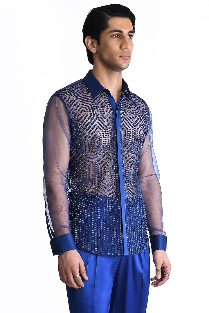 Electric Blue Tulle Hand Embroidered Wedding Shirt by Rohit Gandhi & Rahul Khanna Men at Pernia's Pop Up Shop