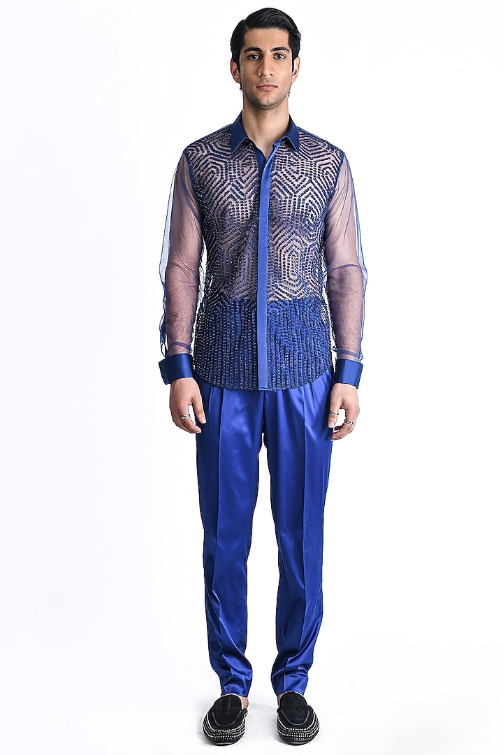 Electric Blue Tulle Hand Embroidered Wedding Shirt by Rohit Gandhi & Rahul Khanna Men at Pernia's Pop Up Shop