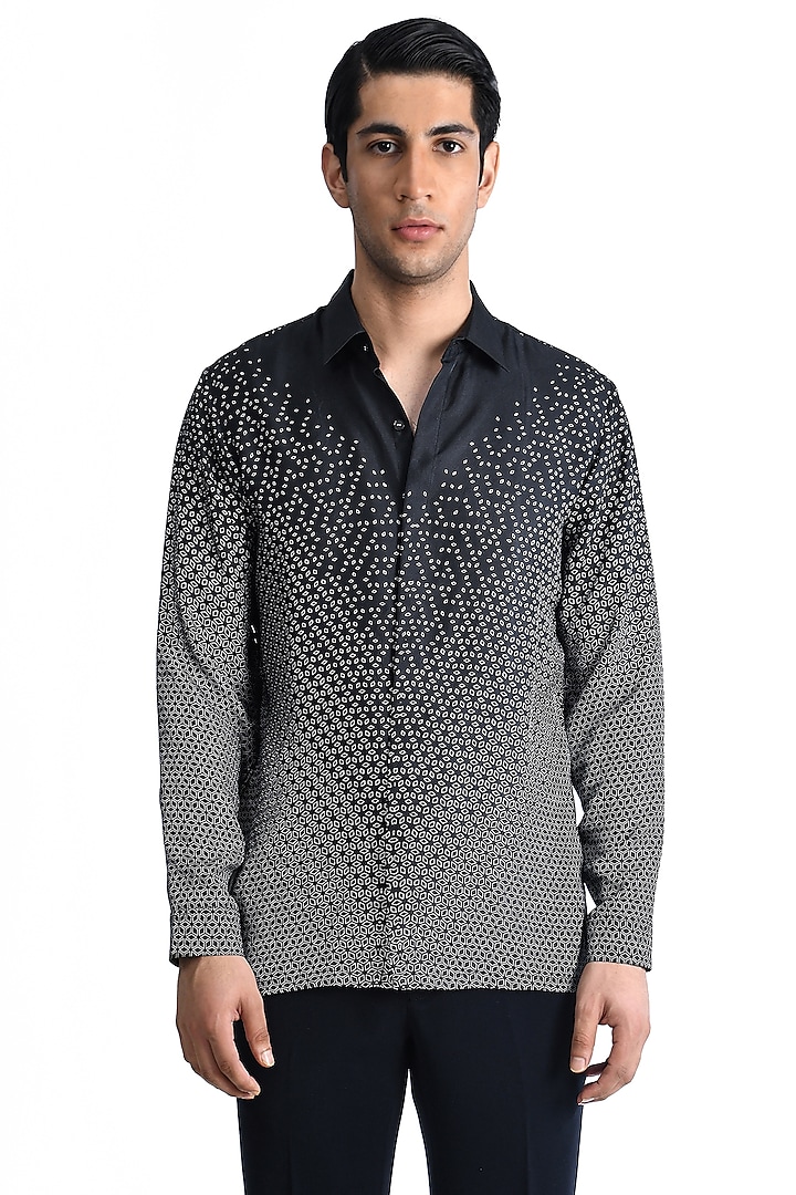 Black Silk Twill Printed Shirt by Rohit Gandhi & Rahul Khanna Men