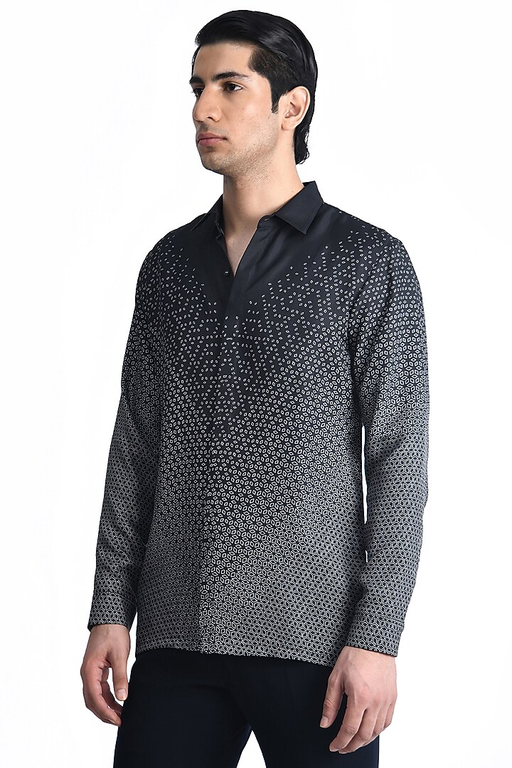 Black Silk Twill Printed Wedding Shirt by Rohit Gandhi & Rahul Khanna Men at Pernia's Pop Up Shop