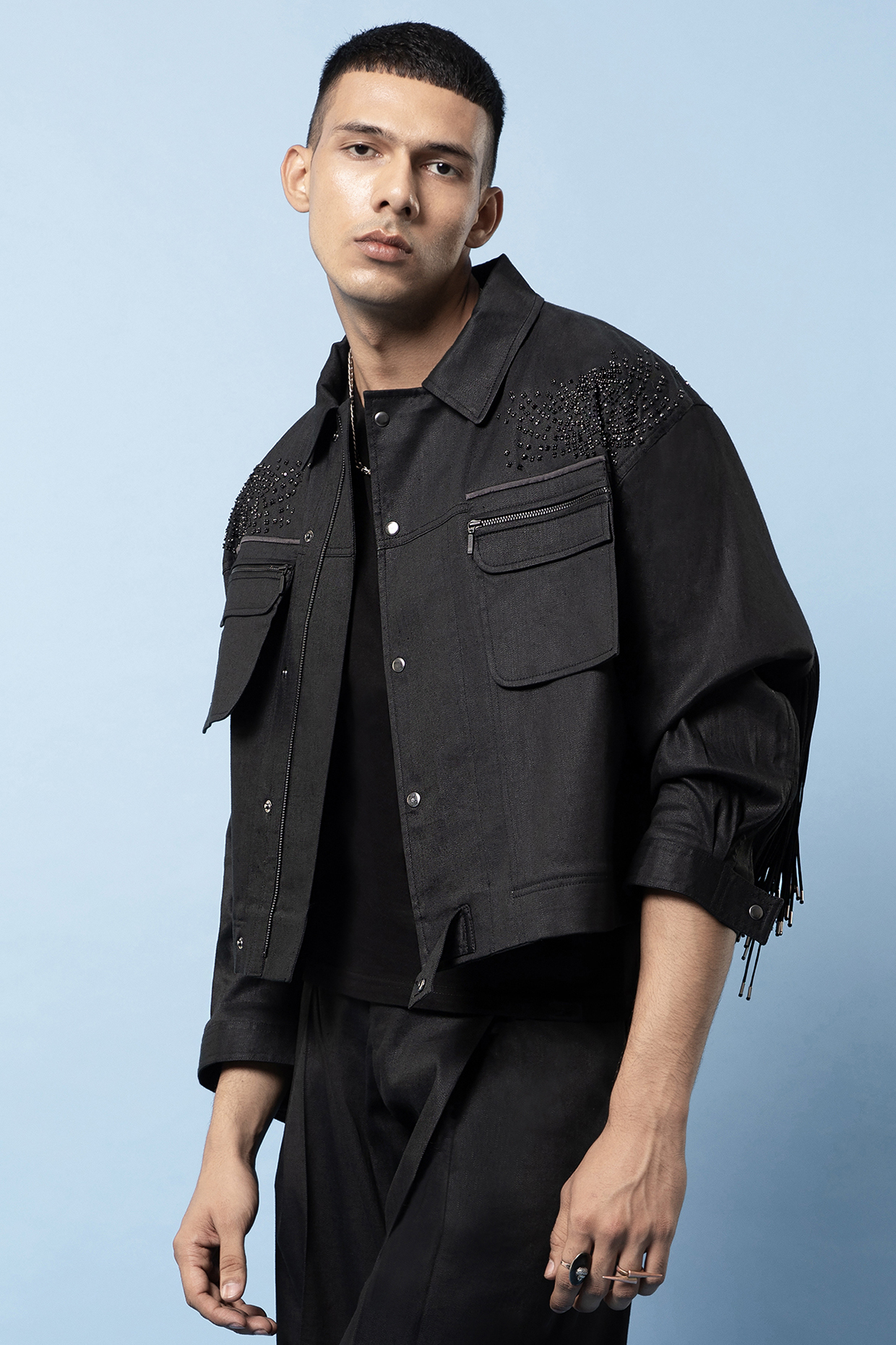 Black Linen Embroidered Jacket by Rohit Gandhi & Rahul Khanna Men at Pernia's Pop Up Shop