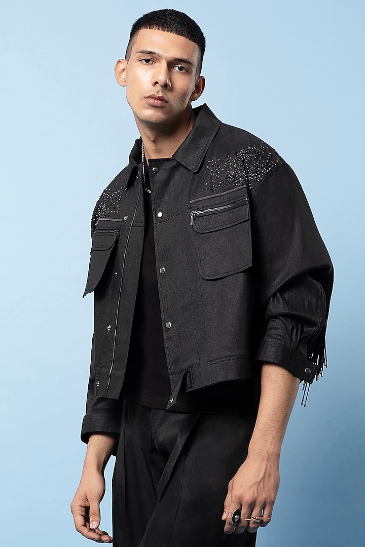 Black Linen Embroidered Jacket by Rohit Gandhi & Rahul Khanna Men at Pernia's Pop Up Shop