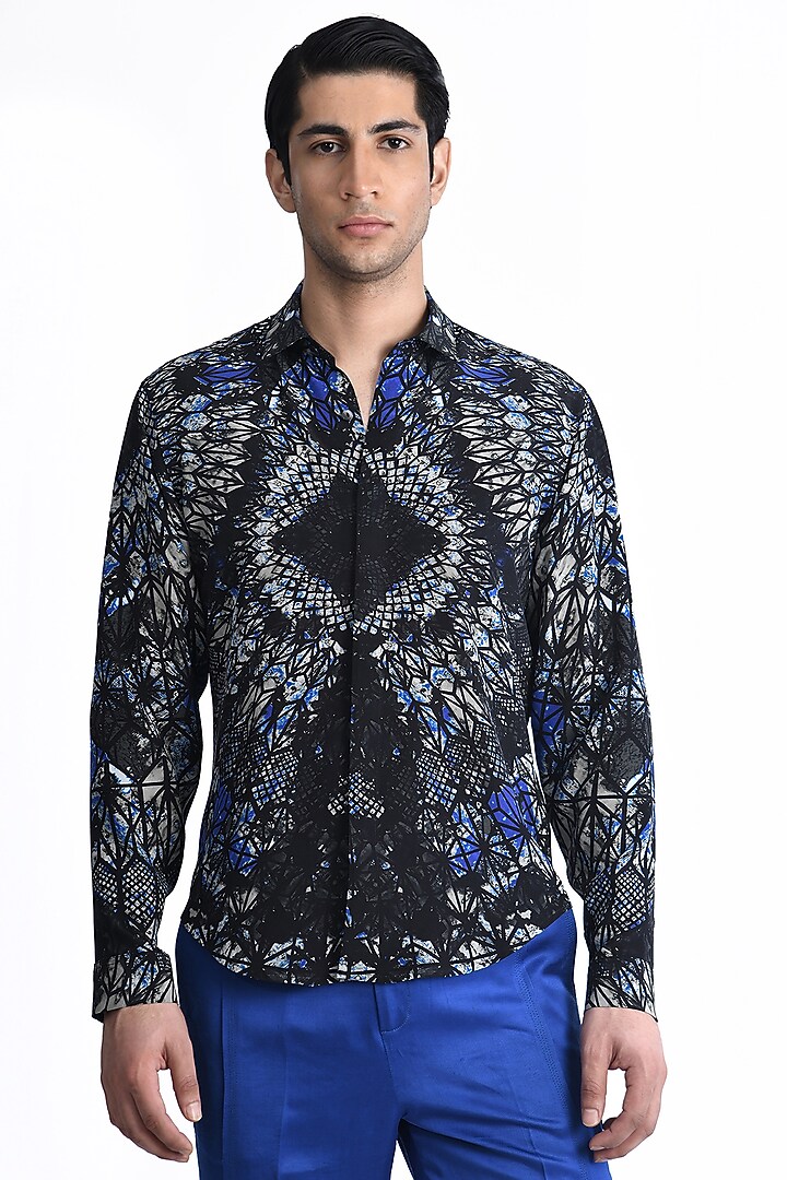 Black & Electric Blue Silk Crepe Printed Wedding Shirt by Rohit Gandhi & Rahul Khanna Men at Pernia's Pop Up Shop