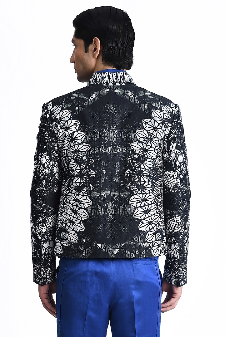 Black & Electric Blue Silk Crepe Printed Wedding Shirt by Rohit Gandhi & Rahul Khanna Men at Pernia's Pop Up Shop