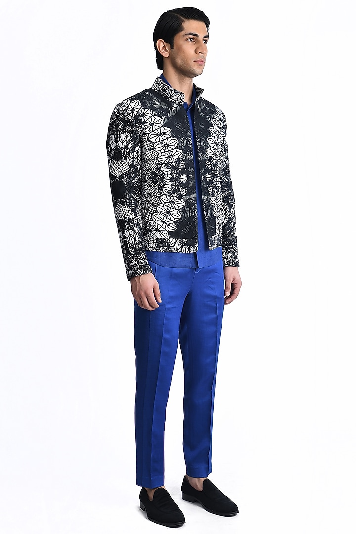 Black & Electric Blue Silk Crepe Printed Wedding Shirt by Rohit Gandhi & Rahul Khanna Men at Pernia's Pop Up Shop