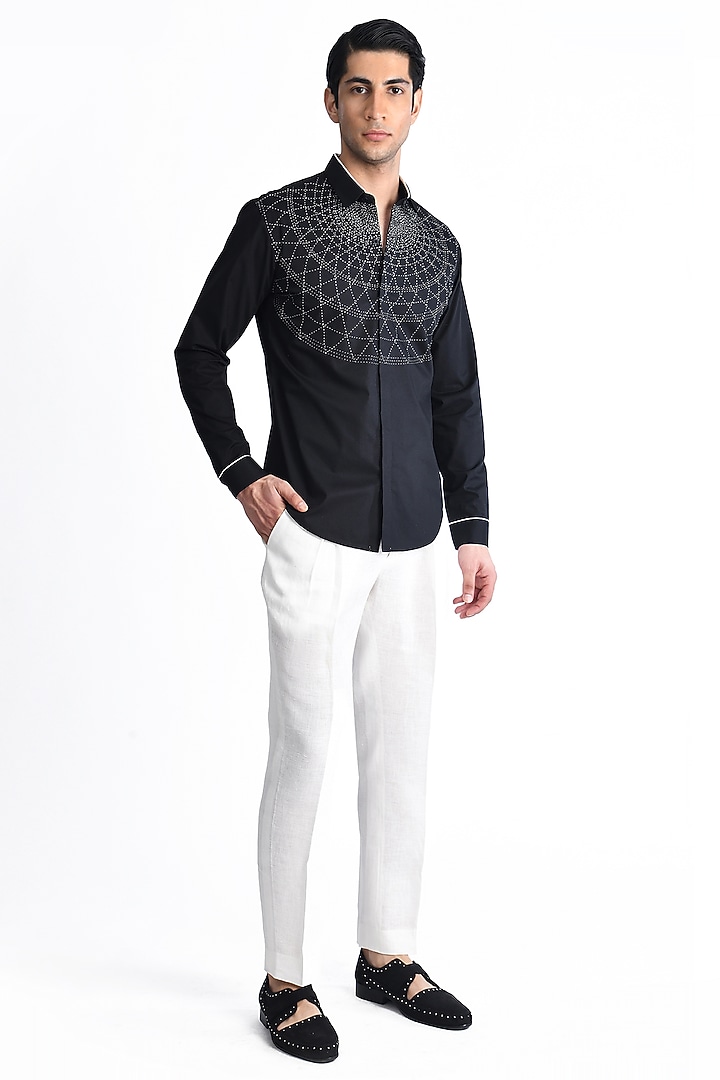 Black Cotton Embroidered Wedding Shirt by Rohit Gandhi & Rahul Khanna Men at Pernia's Pop Up Shop