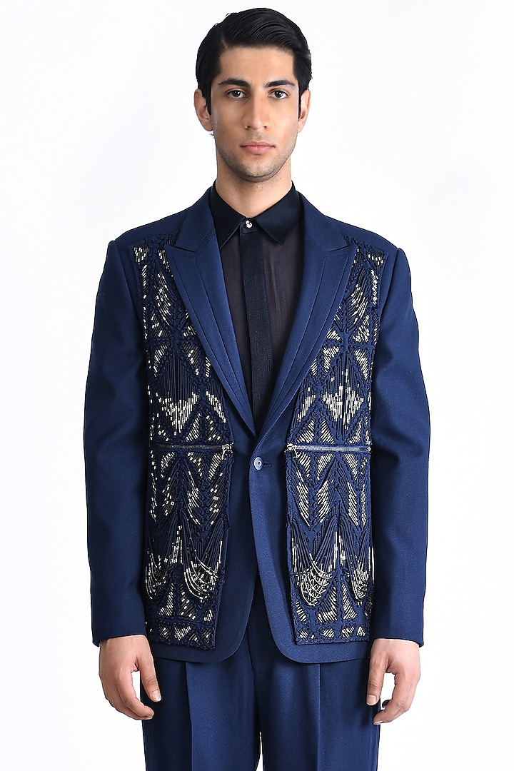 Pacific Blue Wool Crepe Embellished Blazer by Rohit Gandhi & Rahul Khanna Men