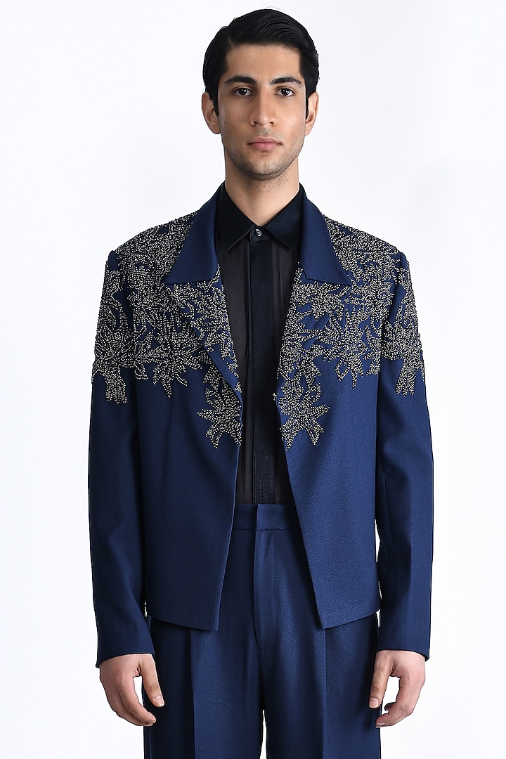 Pacific Blue Wool Crepe Hand Embroidered Blazer by Rohit Gandhi & Rahul Khanna Men