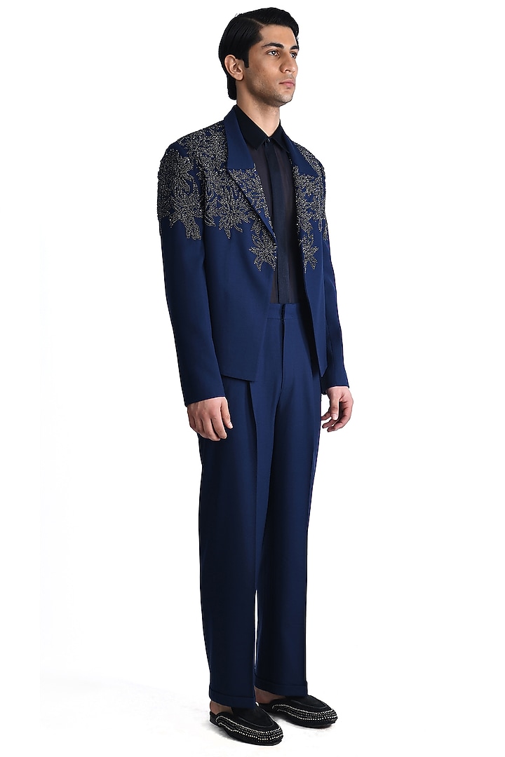 Pacific Blue Wool Crepe Hand Embroidered Blazer by Rohit Gandhi & Rahul Khanna Men at Pernia's Pop Up Shop