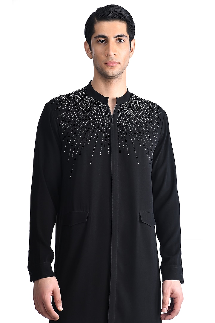 Black Crepe Crystal Embroidered Kurta by Rohit Gandhi & Rahul Khanna Men at Pernia's Pop Up Shop