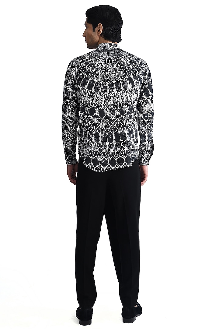 Black & White Silk Crepe Printed Resort Wedding Shirt by Rohit Gandhi & Rahul Khanna Men at Pernia's Pop Up Shop