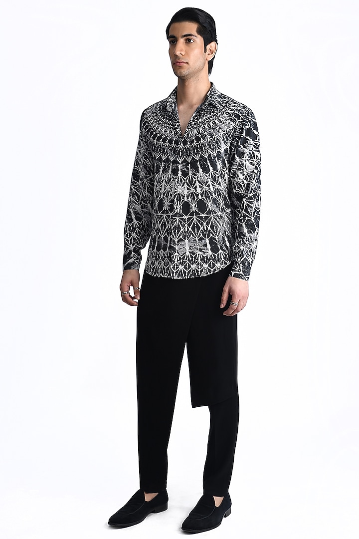 Black & White Silk Crepe Printed Resort Wedding Shirt by Rohit Gandhi & Rahul Khanna Men at Pernia's Pop Up Shop