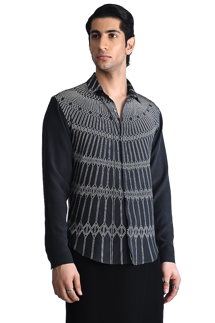 Black & White Silk Crepe Printed Wedding Shirt by Rohit Gandhi & Rahul Khanna Men at Pernia's Pop Up Shop