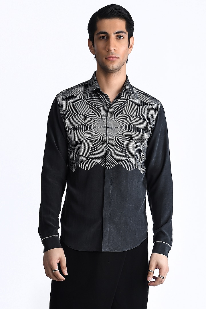 Black & White Silk Crepe Printed Wedding Shirt by Rohit Gandhi & Rahul Khanna Men at Pernia's Pop Up Shop