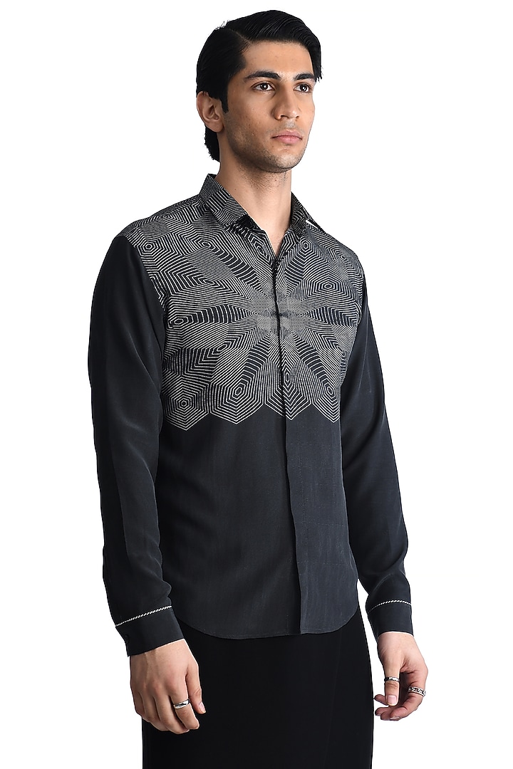 Black & White Silk Crepe Printed Wedding Shirt by Rohit Gandhi & Rahul Khanna Men at Pernia's Pop Up Shop