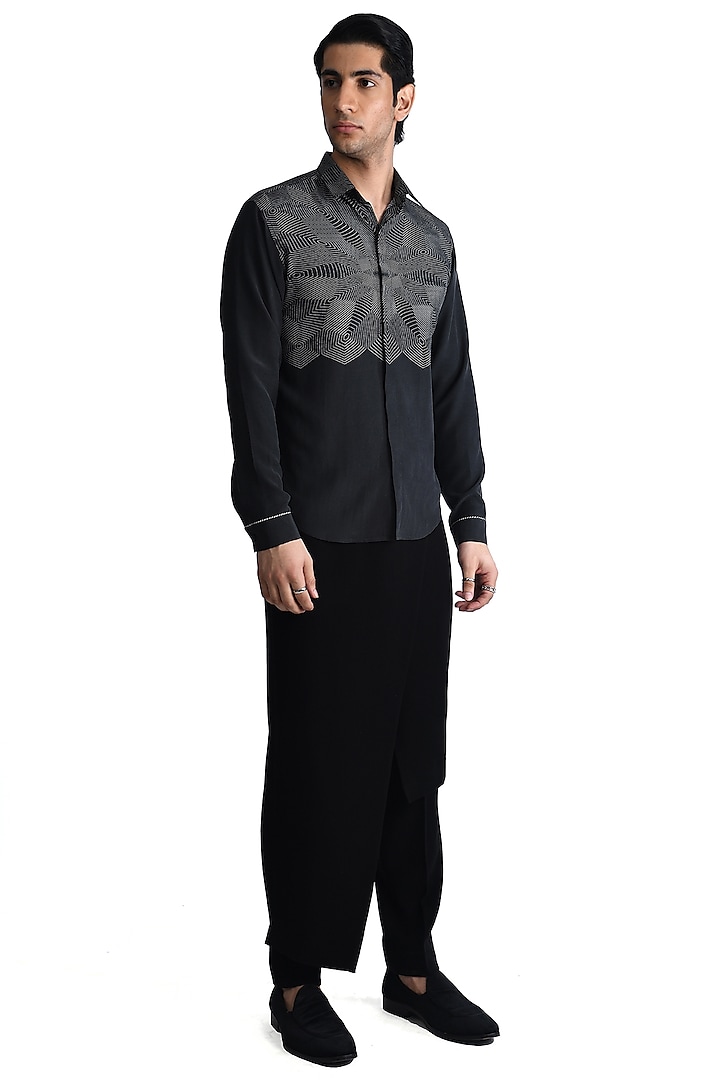 Black & White Silk Crepe Printed Wedding Shirt by Rohit Gandhi & Rahul Khanna Men at Pernia's Pop Up Shop