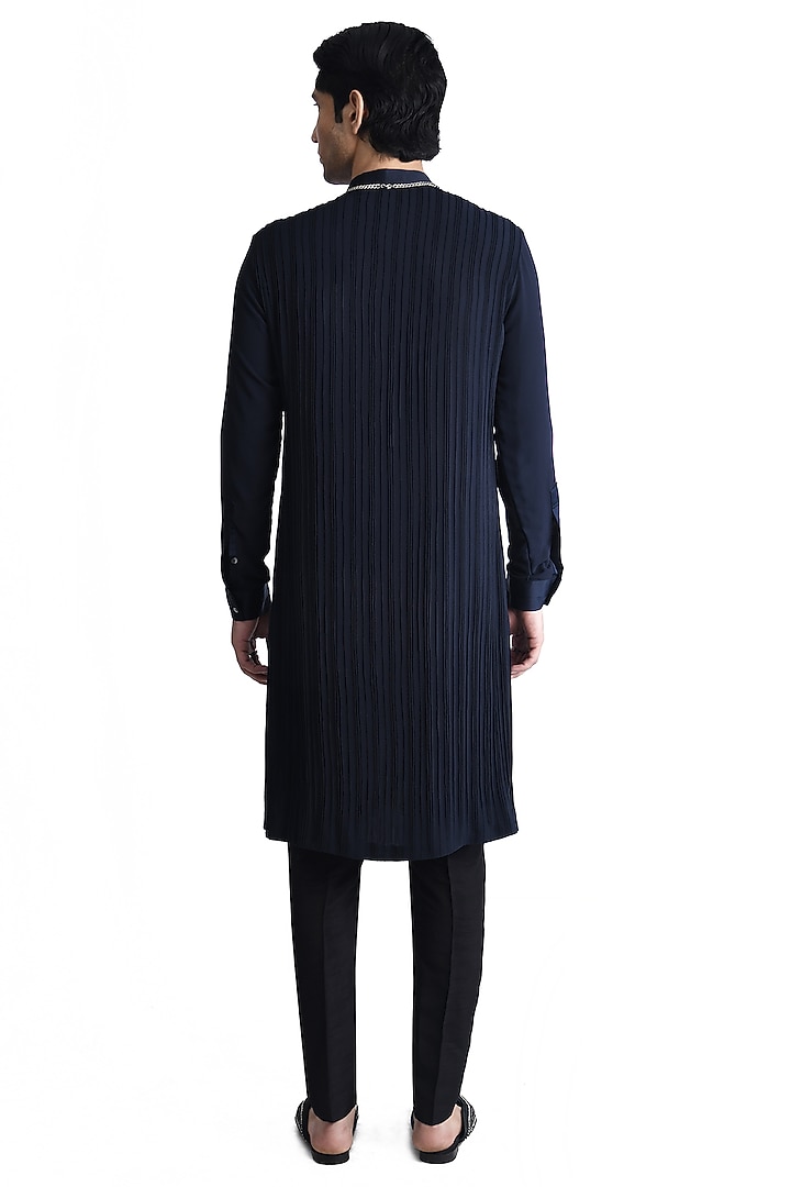Navy Georgette Pearl Embroidered Straight Kurta by Rohit Gandhi & Rahul Khanna Men at Pernia's Pop Up Shop