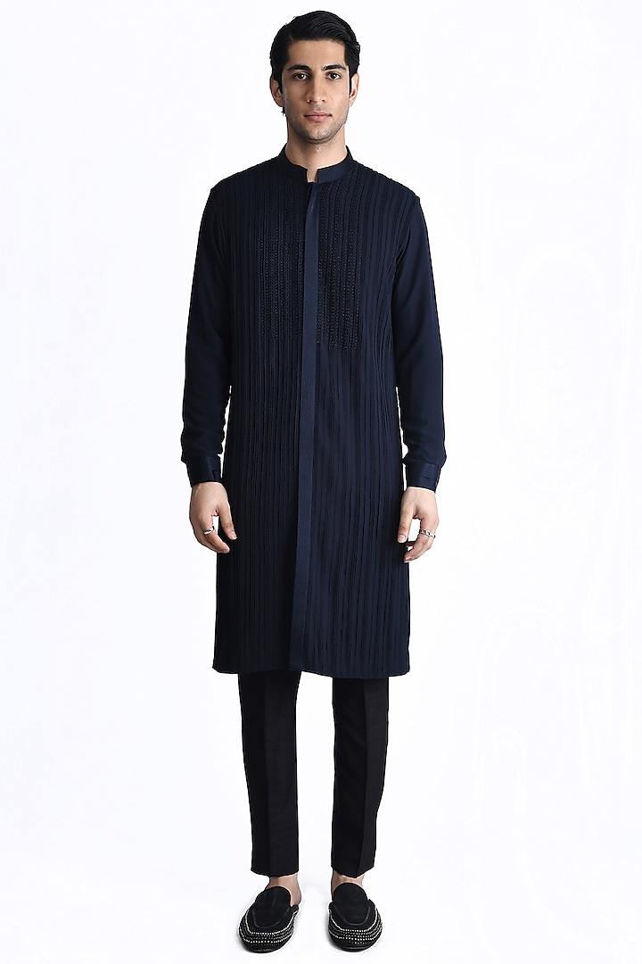 Navy Georgette Pearl Embroidered Straight Kurta by Rohit Gandhi & Rahul Khanna Men at Pernia's Pop Up Shop