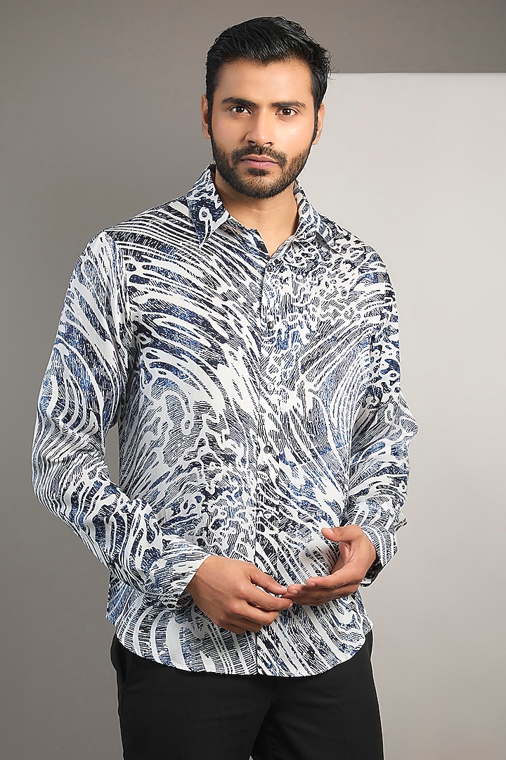 Navy Cotton Abstract Printed Shirt by Rohit Gandhi & Rahul Khanna Men