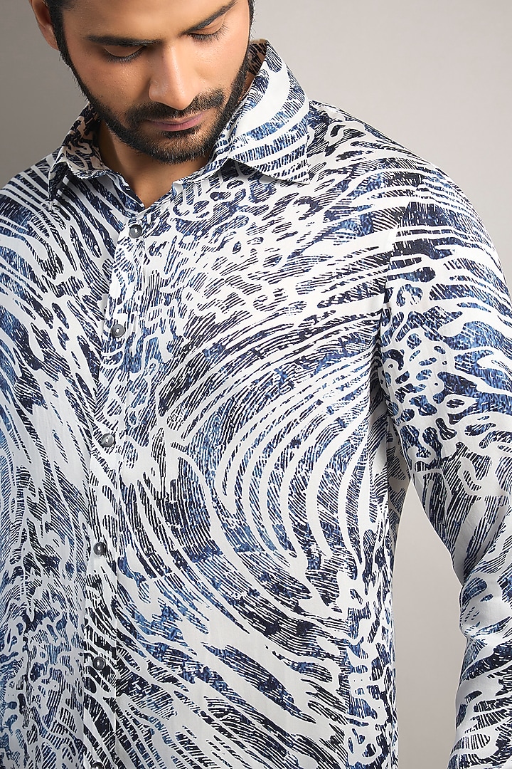 Navy Cotton Abstract Printed Wedding Shirt by Rohit Gandhi & Rahul Khanna Men at Pernia's Pop Up Shop