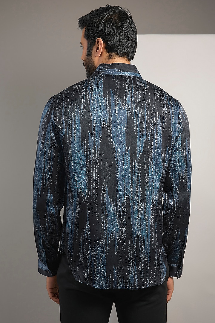 Navy Silk Ikat Printed Wedding Shirt by Rohit Gandhi & Rahul Khanna Men at Pernia's Pop Up Shop