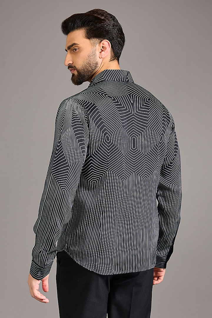 Black & White Silk Crepe Printed Wedding Shirt by Rohit Gandhi & Rahul Khanna Men at Pernia's Pop Up Shop