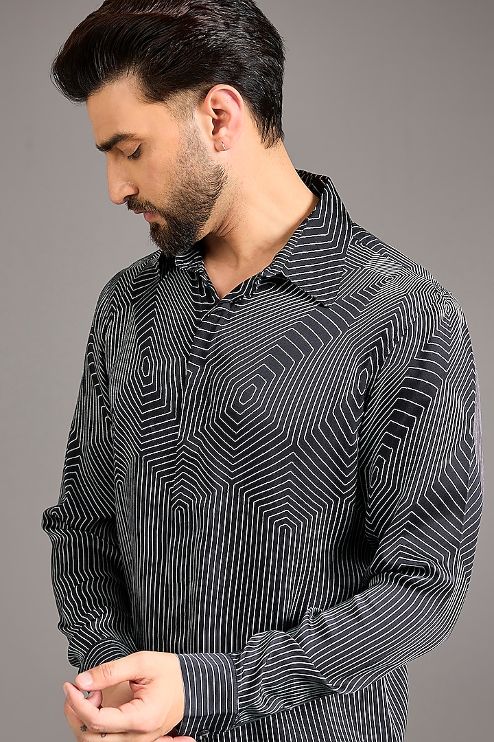 Black & White Silk Crepe Printed Wedding Shirt by Rohit Gandhi & Rahul Khanna Men at Pernia's Pop Up Shop